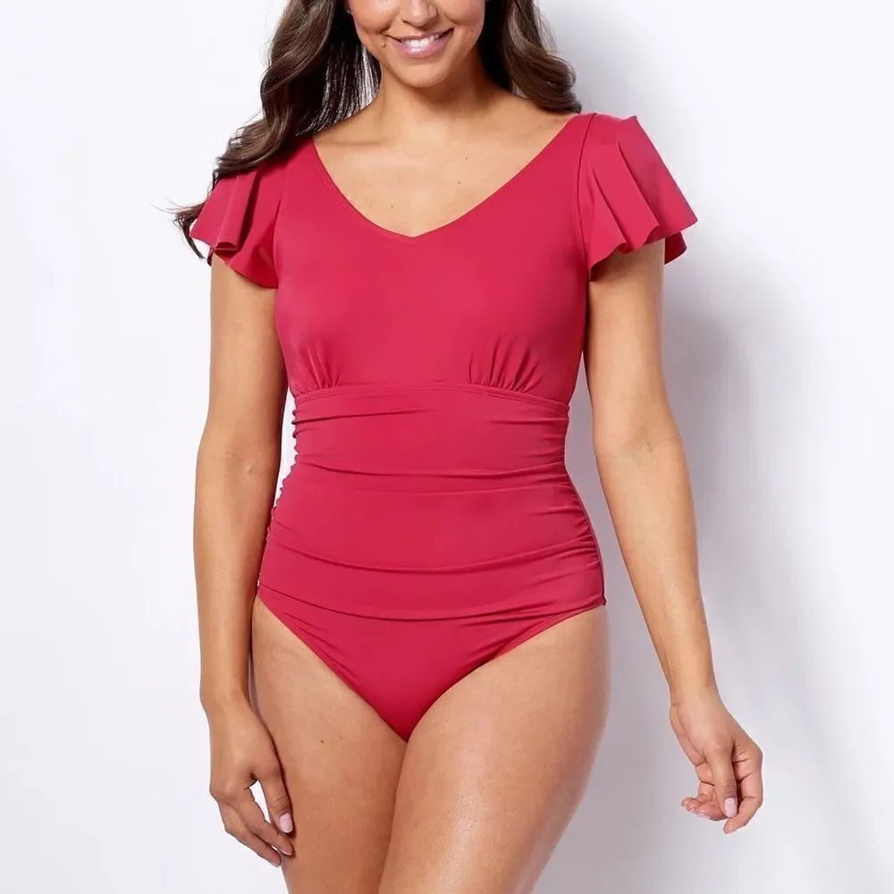 Denim & Co. Beach V-Neck Ruffle Sleeve One-Piece Swimsuit